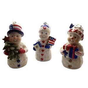 Patriotic Snowman Ornaments Set of 3 American Flag Holiday Theme Christmas Resin